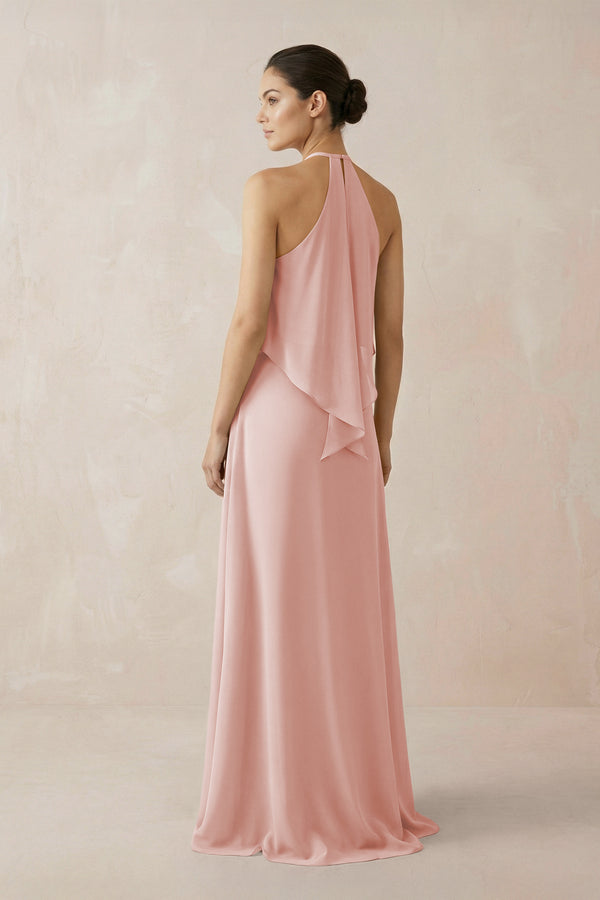 Rose Petal Halter Sheath Ruffled Chiffon Bridesmaid Dress (2) | KISSBRIDAL