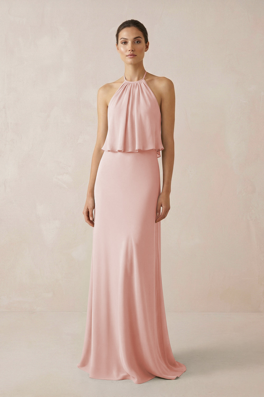 Halter Sheath Ruffled Chiffon Bridesmaid Dress in Rose Petal