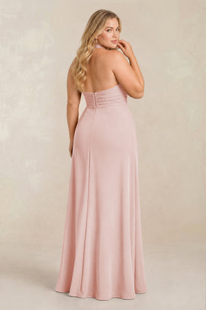 Rose Petal High Neck Chiffon Sheath Ruched Bridesmaid Dress (2) [sizeplus] | KISSBRIDAL