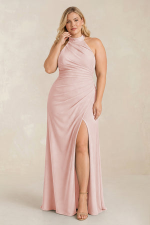Rose Petal High Neck Chiffon Sheath Ruched Bridesmaid Dress [sizeplus] | KISSBRIDAL