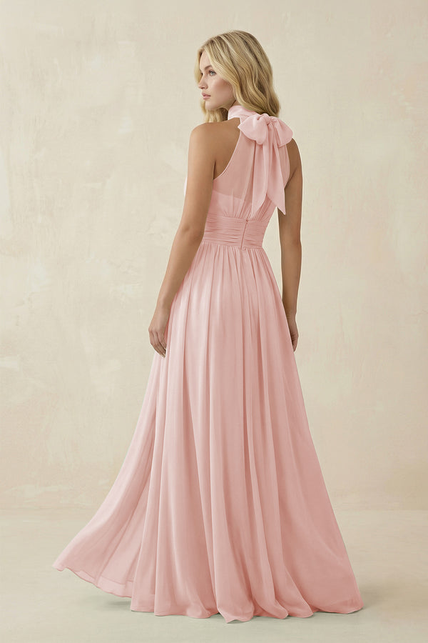 Rose Petal Illusion Halter A-Line Chiffon Bridesmaid Gown (2) | KISSBRIDAL