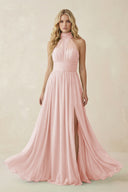 Rose Petal Illusion Halter A-Line Chiffon Bridesmaid Gown | KISSBRIDAL