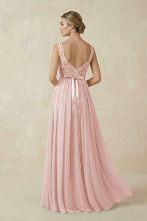 Rose Petal Lace A-Line Bateau Neck Chiffon Long Bridesmaid Dress (2) | KISSBRIDAL