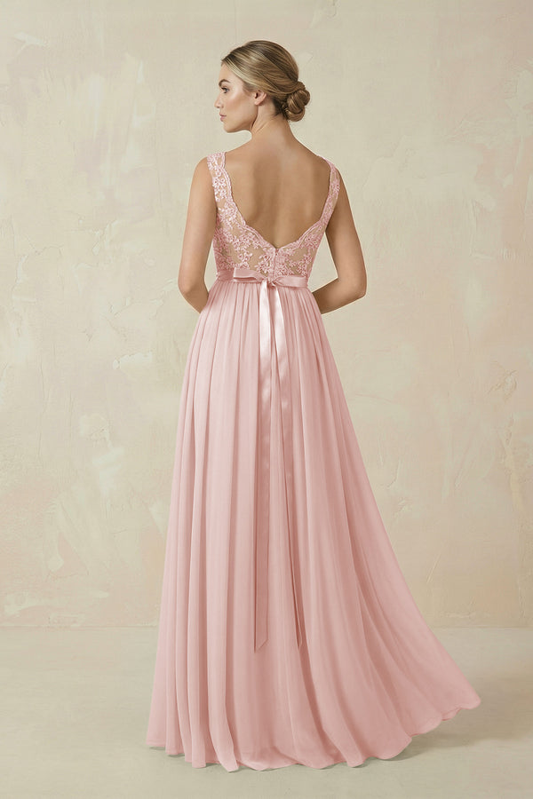 Rose Petal Lace A-Line Bateau Neck Chiffon Long Bridesmaid Dress (2) | KISSBRIDAL
