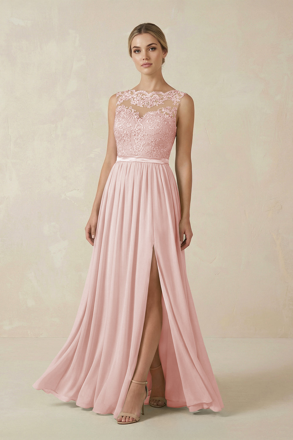 Lace A-Line Bateau Neck Chiffon Long Bridesmaid Dress in Rose Petal