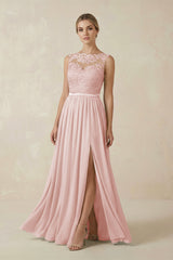 Rose Petal Lace A-Line Bateau Neck Chiffon Long Bridesmaid Dress | KISSBRIDAL