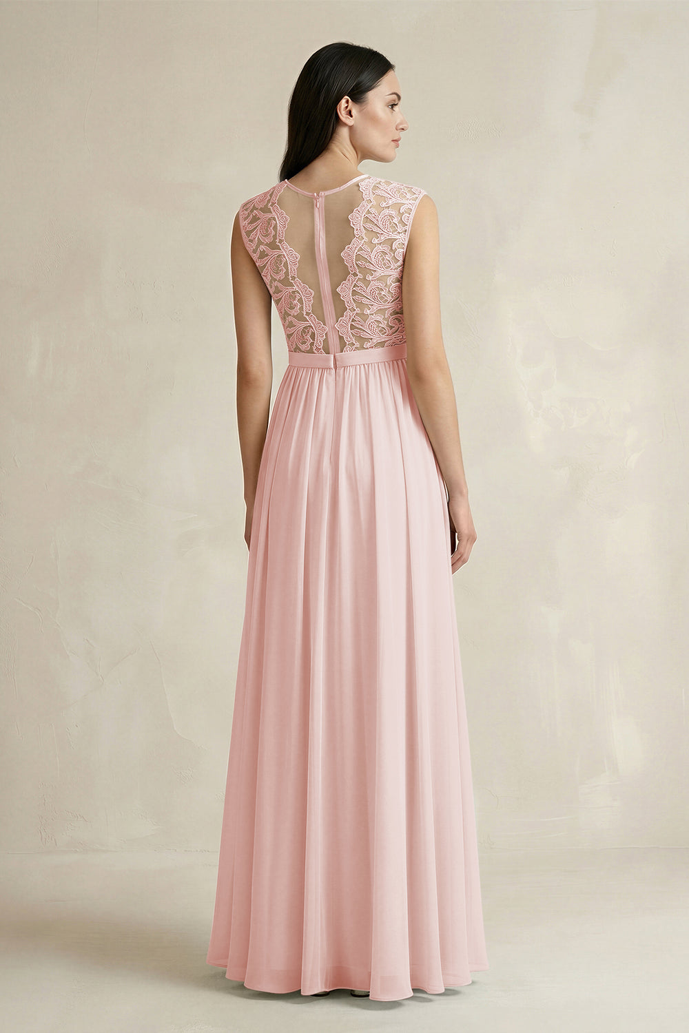 Lace Chiffon A-Line Round Neck Bridesmaid Dress in Rose Petal