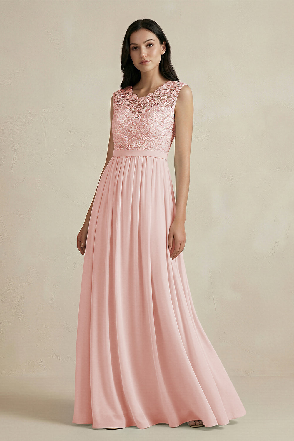 Lace Chiffon A-Line Round Neck Bridesmaid Dress in Rose Petal