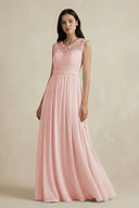 Rose Petal Lace Chiffon A-Line Round Neck Bridesmaid Dress | KISSBRIDAL