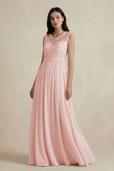 Rose Petal Lace Chiffon A-Line Round Neck Bridesmaid Dress | KISSBRIDAL