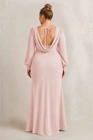 Rose Petal Long Sleeve V-Neck Sheath Chiffon Bridesmaid Dress (2) [sizeplus] | KISSBRIDAL