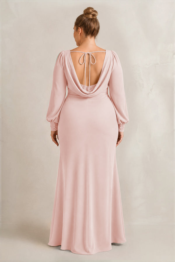 Rose Petal Long Sleeve V-Neck Sheath Chiffon Bridesmaid Dress (2) [sizeplus] | KISSBRIDAL