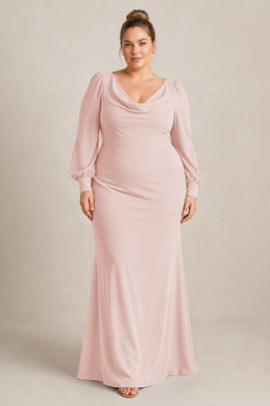 Rose Petal Long Sleeve V-Neck Sheath Chiffon Bridesmaid Dress [sizeplus] | KISSBRIDAL