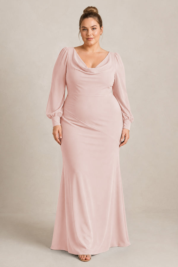 Rose Petal Long Sleeve V-Neck Sheath Chiffon Bridesmaid Dress [sizeplus] | KISSBRIDAL