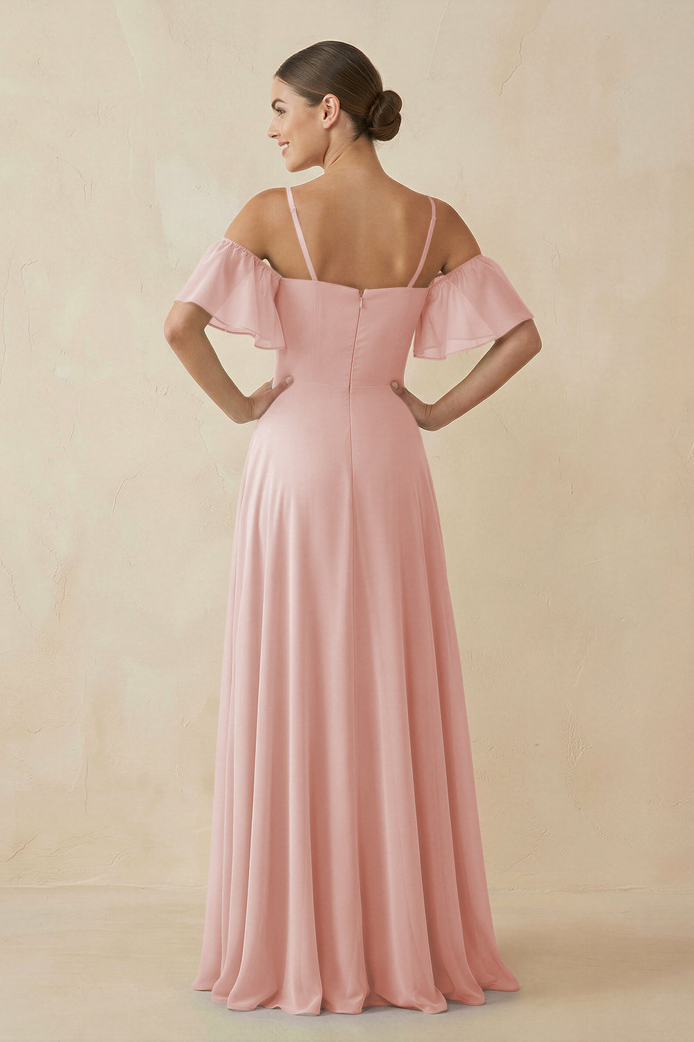 Off-the-Shoulder A-Line Chiffon Bridesmaid Dress in Rose Petal