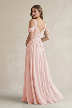 Rose Petal Off-the-Shoulder A-Line Chiffon Bridesmaid Dress With Slit (2) | KISSBRIDAL