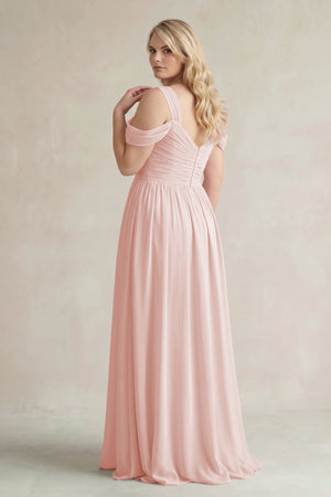 Rose Petal Off-the-Shoulder A-Line Chiffon Bridesmaid Dress With Slit (2) | KISSBRIDAL