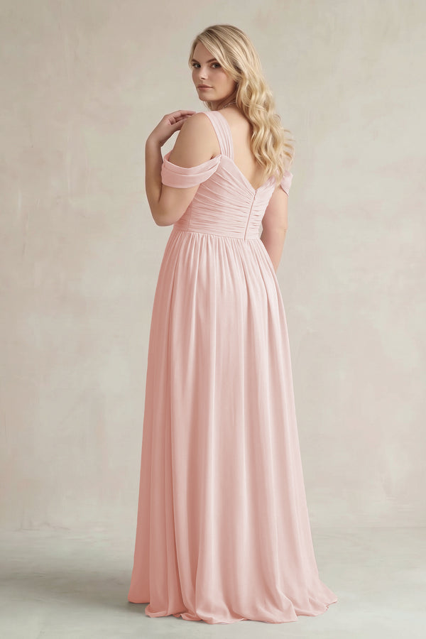 Rose Petal Off-the-Shoulder A-Line Chiffon Bridesmaid Dress With Slit (2) | KISSBRIDAL