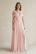 Rose Petal Off-the-Shoulder A-Line Chiffon Bridesmaid Dress With Slit | KISSBRIDAL