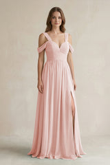 Rose Petal Off-the-Shoulder A-Line Chiffon Bridesmaid Dress With Slit | KISSBRIDAL