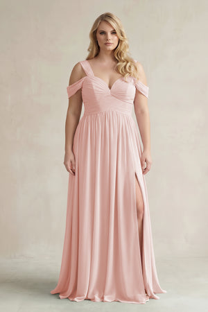 Rose Petal Off-the-Shoulder A-Line Chiffon Bridesmaid Dress With Slit | KISSBRIDAL