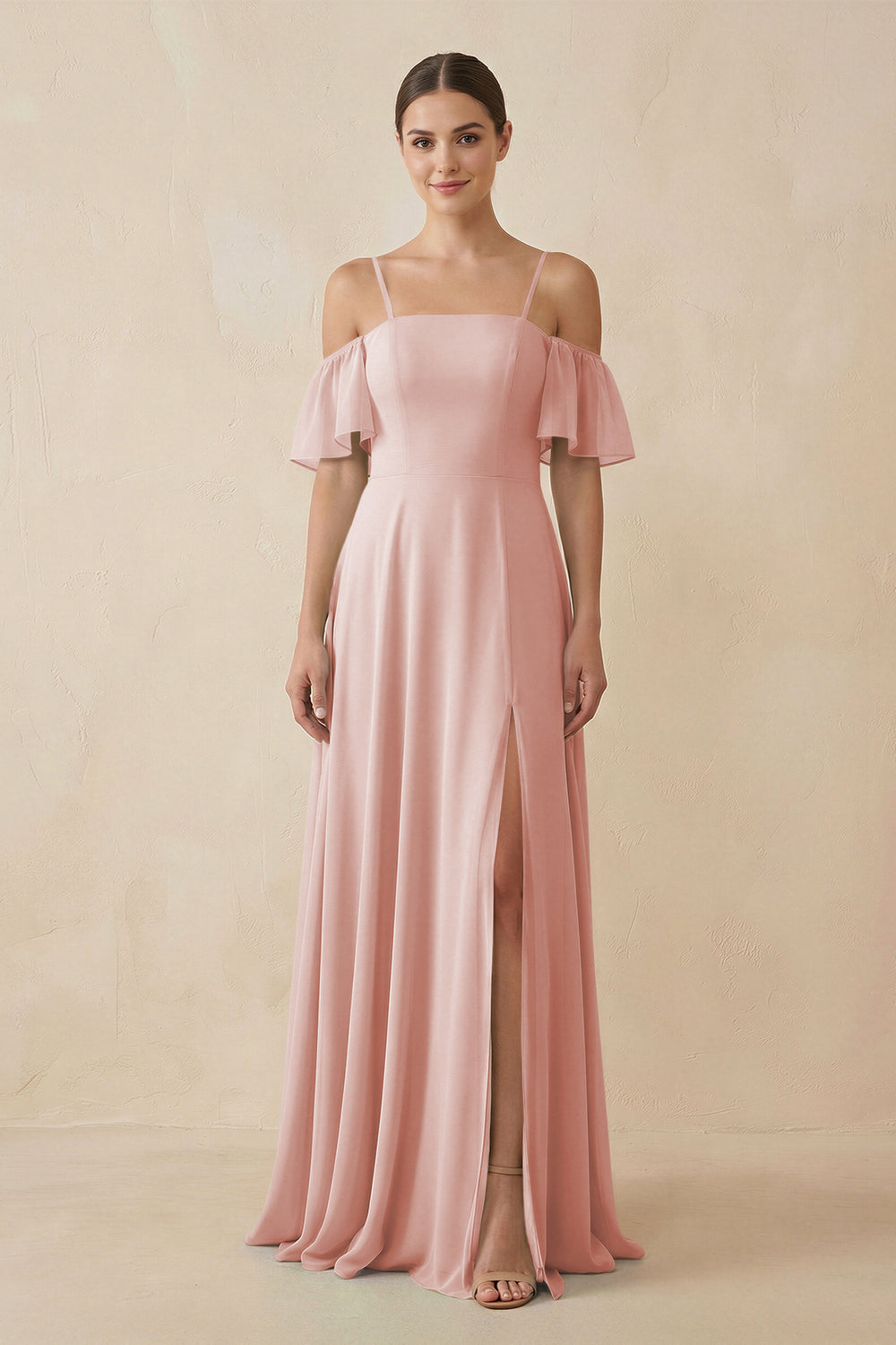 Off-the-Shoulder A-Line Chiffon Bridesmaid Dress in Rose Petal