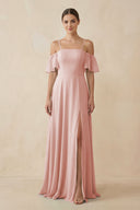 Rose Petal Off-the-Shoulder A-Line Chiffon Bridesmaid Dress | KISSBRIDAL