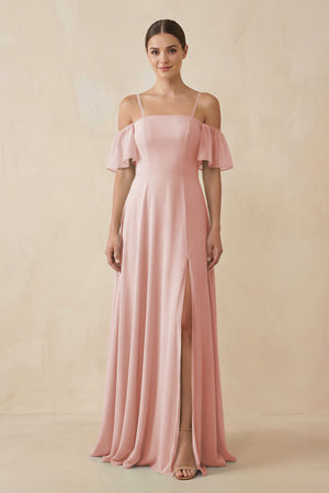 Rose Petal Off-the-Shoulder A-Line Chiffon Bridesmaid Dress | KISSBRIDAL