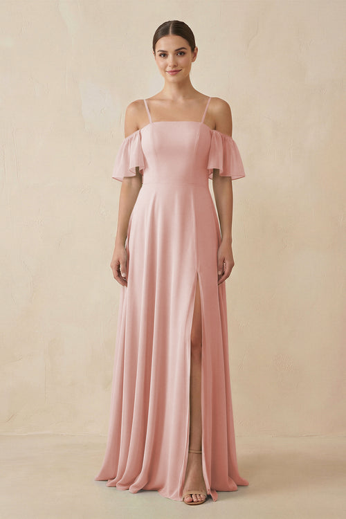 Rose Petal Off-the-Shoulder A-Line Chiffon Bridesmaid Dress | KISSBRIDAL