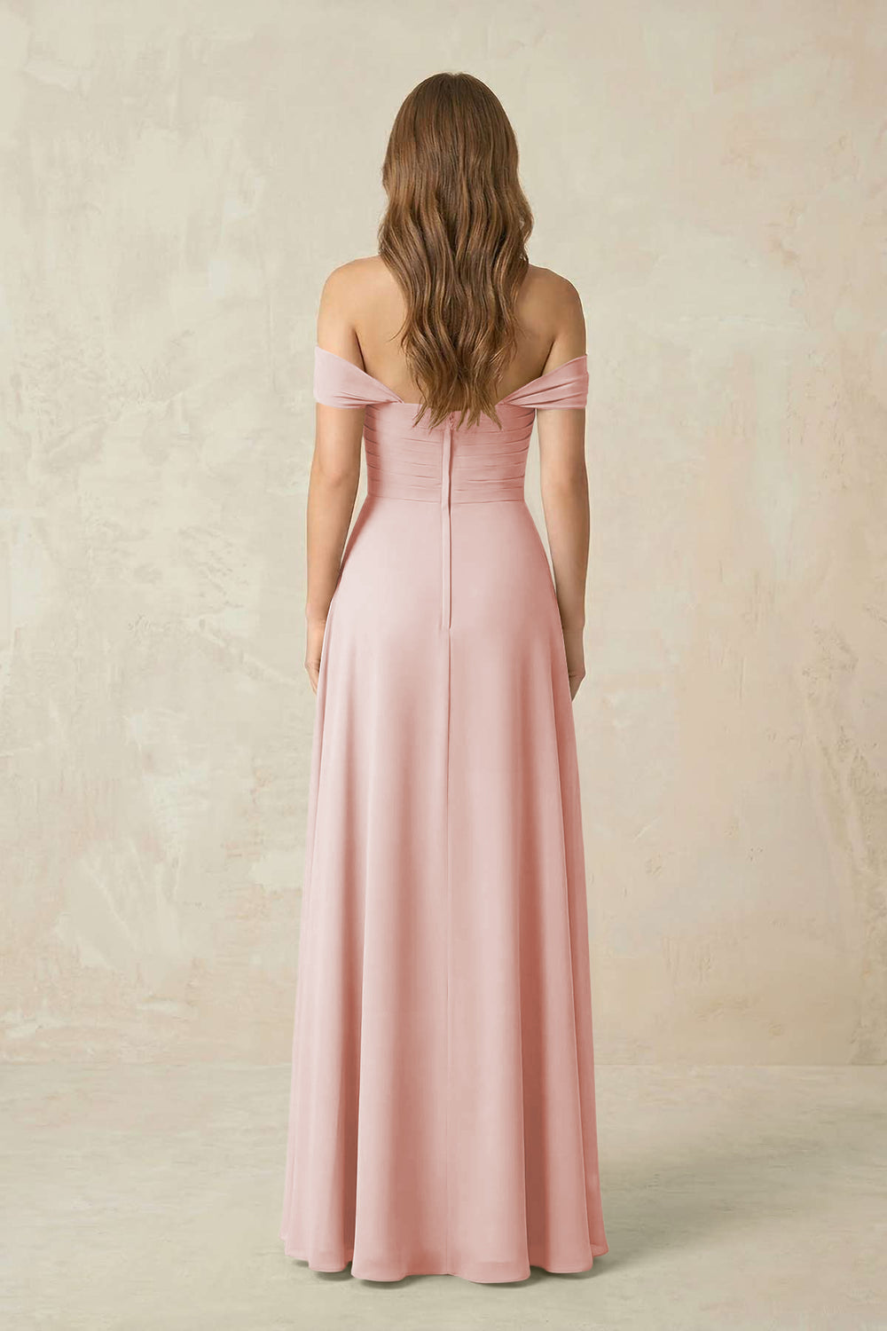 Off-the-Shoulder A-Line Chiffon Pleated Bridesmaid Dress in Rose Petal