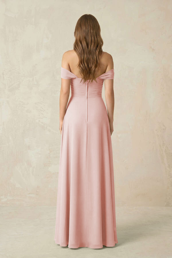 Rose Petal Off-the-Shoulder A-Line Chiffon Pleated Bridesmaid Dress (2) | KISSBRIDAL