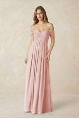 Rose Petal Off-the-Shoulder A-Line Chiffon Pleated Bridesmaid Dress | KISSBRIDAL