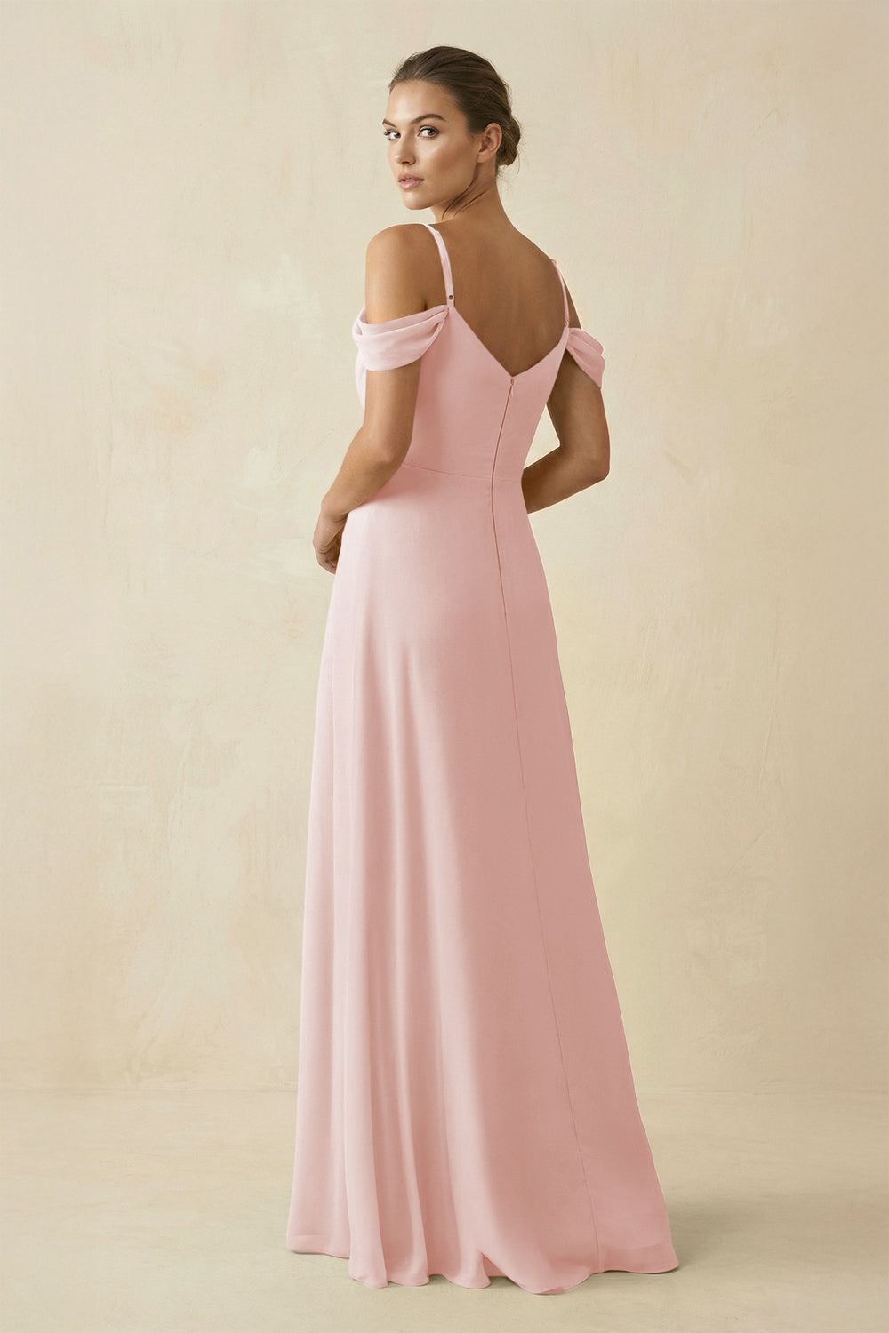 Off-the-Shoulder A-Line Pleated Chiffon Bridesmaid Gown in Rose Petal