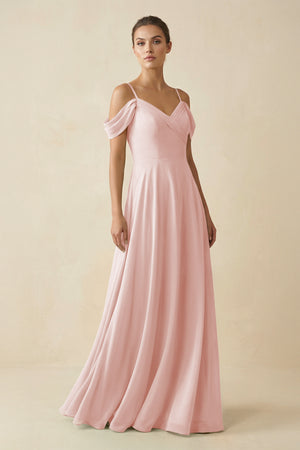 Rose Petal Off-the-Shoulder A-Line Pleated Chiffon Bridesmaid Gown | KISSBRIDAL