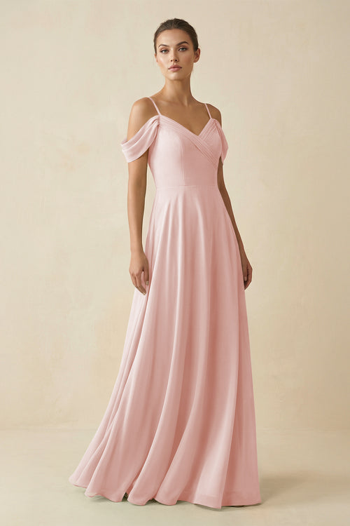 Rose Petal Off-the-Shoulder A-Line Pleated Chiffon Bridesmaid Gown | KISSBRIDAL