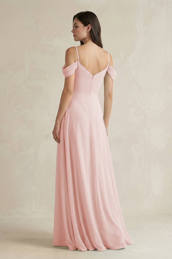 Rose Petal Off-the-Shoulder Chiffon A-Line Bridesmaid Dress (2) | KISSBRIDAL