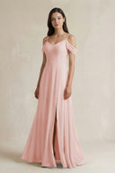 Rose Petal Off-the-Shoulder Chiffon A-Line Bridesmaid Dress | KISSBRIDAL
