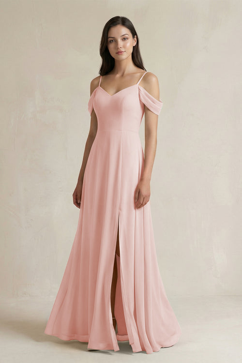 Rose Petal Off-the-Shoulder Chiffon A-Line Bridesmaid Dress | KISSBRIDAL
