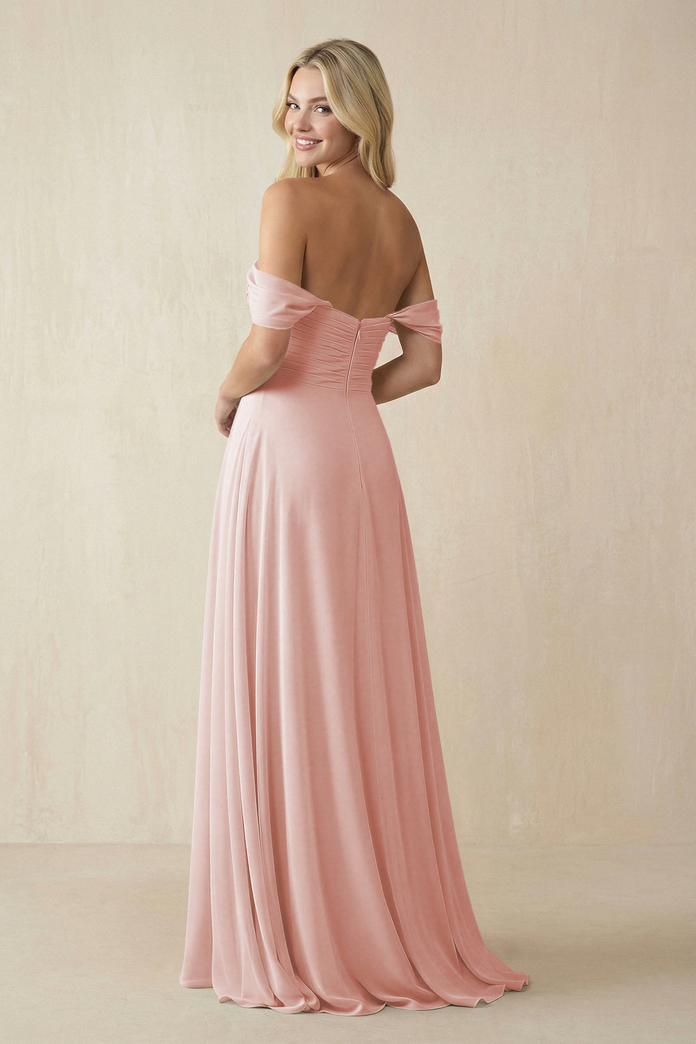 Off-the-Shoulder Chiffon A-Line Long Bridesmaid Dress in Rose Petal