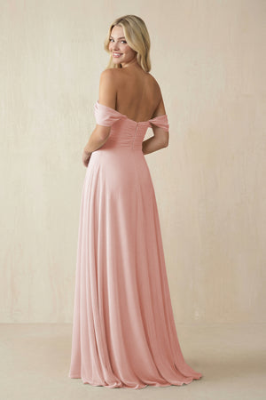 Rose Petal Off-the-Shoulder Chiffon A-Line Long Bridesmaid Dress (2) | KISSBRIDAL
