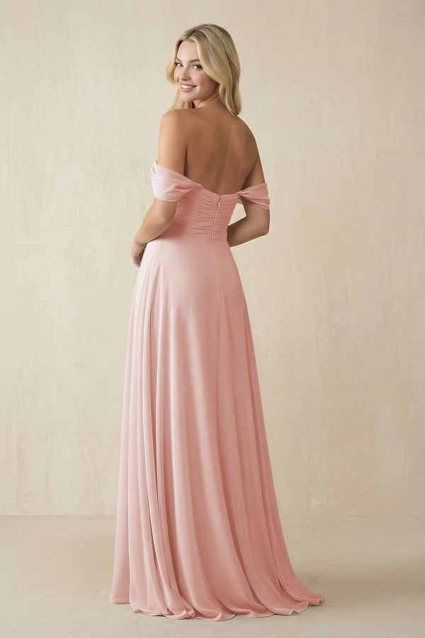 Rose Petal Off-the-Shoulder Chiffon A-Line Long Bridesmaid Dress (2) | KISSBRIDAL