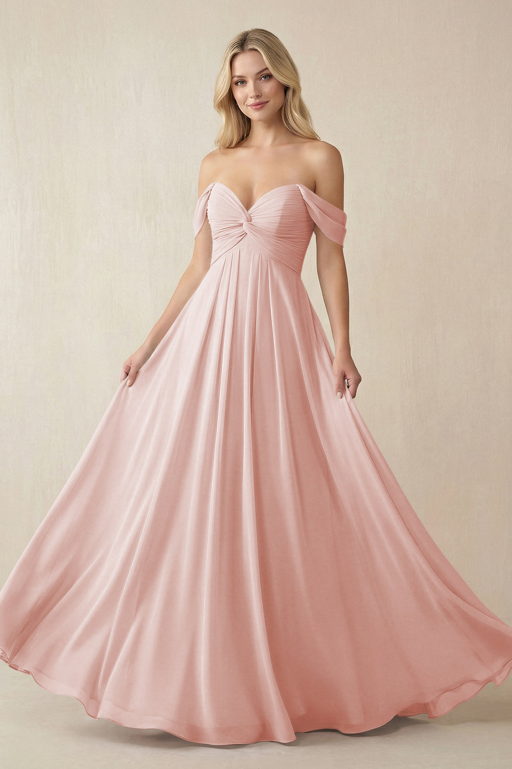 Off-the-Shoulder Chiffon A-Line Long Bridesmaid Dress in Rose Petal