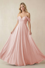Rose Petal Off-the-Shoulder Chiffon A-Line Long Bridesmaid Dress | KISSBRIDAL