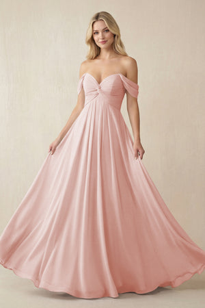 Rose Petal Off-the-Shoulder Chiffon A-Line Long Bridesmaid Dress | KISSBRIDAL