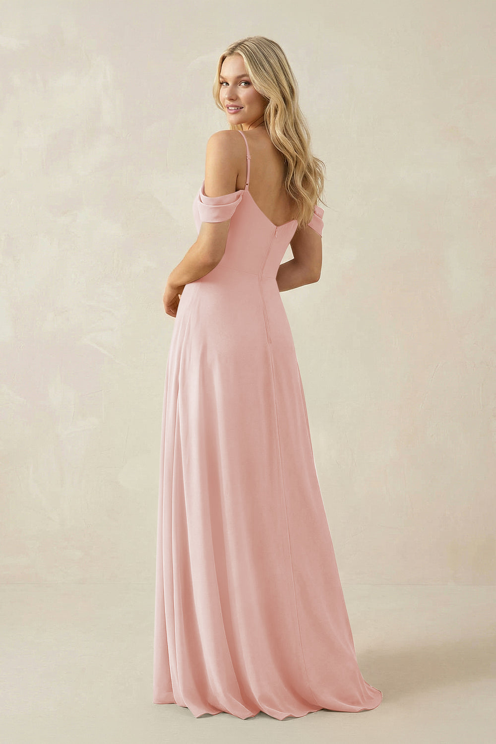 Off-the-Shoulder Chiffon A-Line Maxi Bridesmaid Dress in Rose Petal