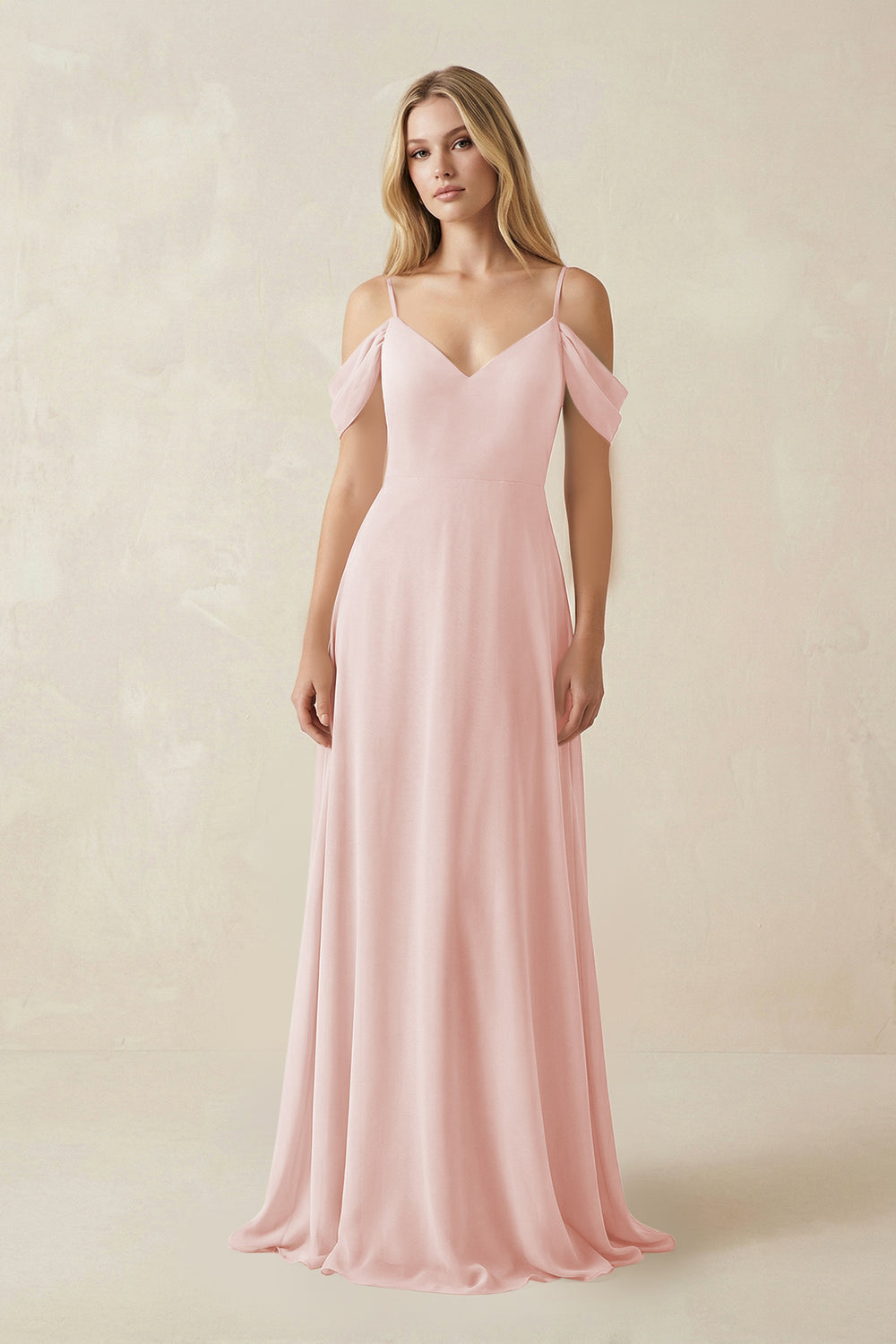 Off-the-Shoulder Chiffon A-Line Maxi Bridesmaid Dress in Rose Petal