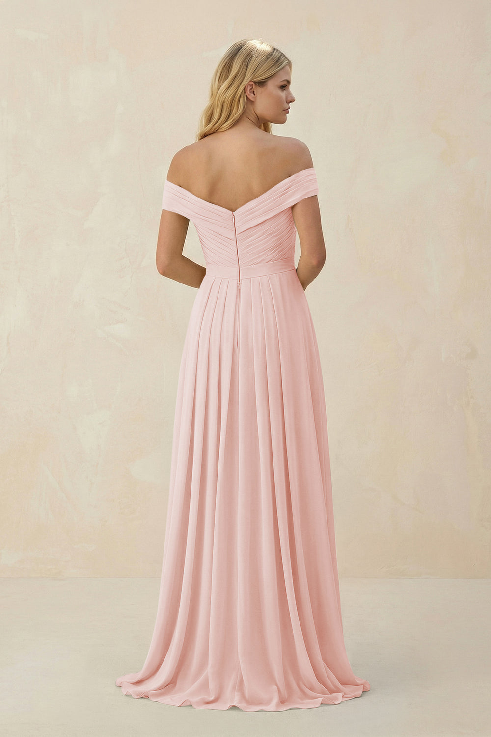 Off-the-Shoulder Pleated A-Line Chiffon Bridesmaid Dress in Rose Petal