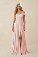 Rose Petal Off-the-Shoulder Pleated A-Line Chiffon Bridesmaid Dress | KISSBRIDAL