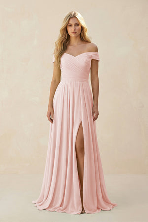Rose Petal Off-the-Shoulder Pleated A-Line Chiffon Bridesmaid Dress | KISSBRIDAL