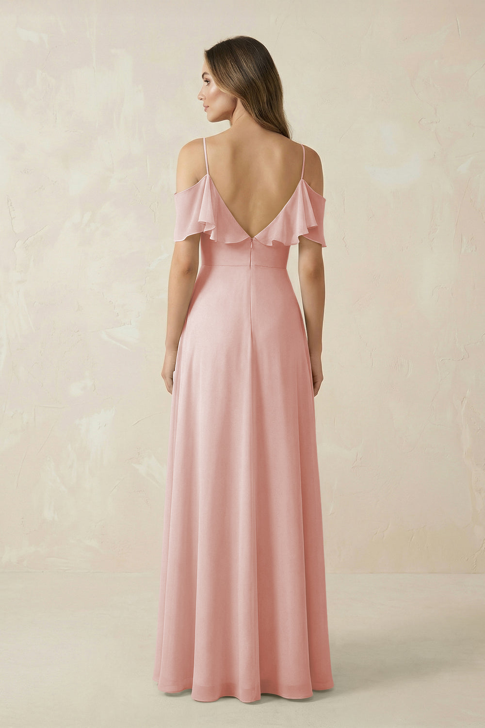 Off-the-Shoulder Ruffled A-Line Chiffon Bridesmaid Dress in Rose Petal